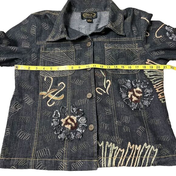 Alex Kim Embroidered Denim Jacket Large Washed Black Tan - Picture 10 of 11